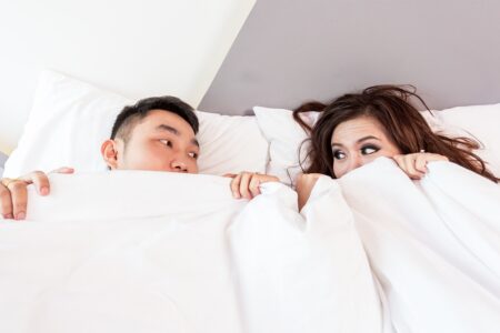 couple, lying, bed